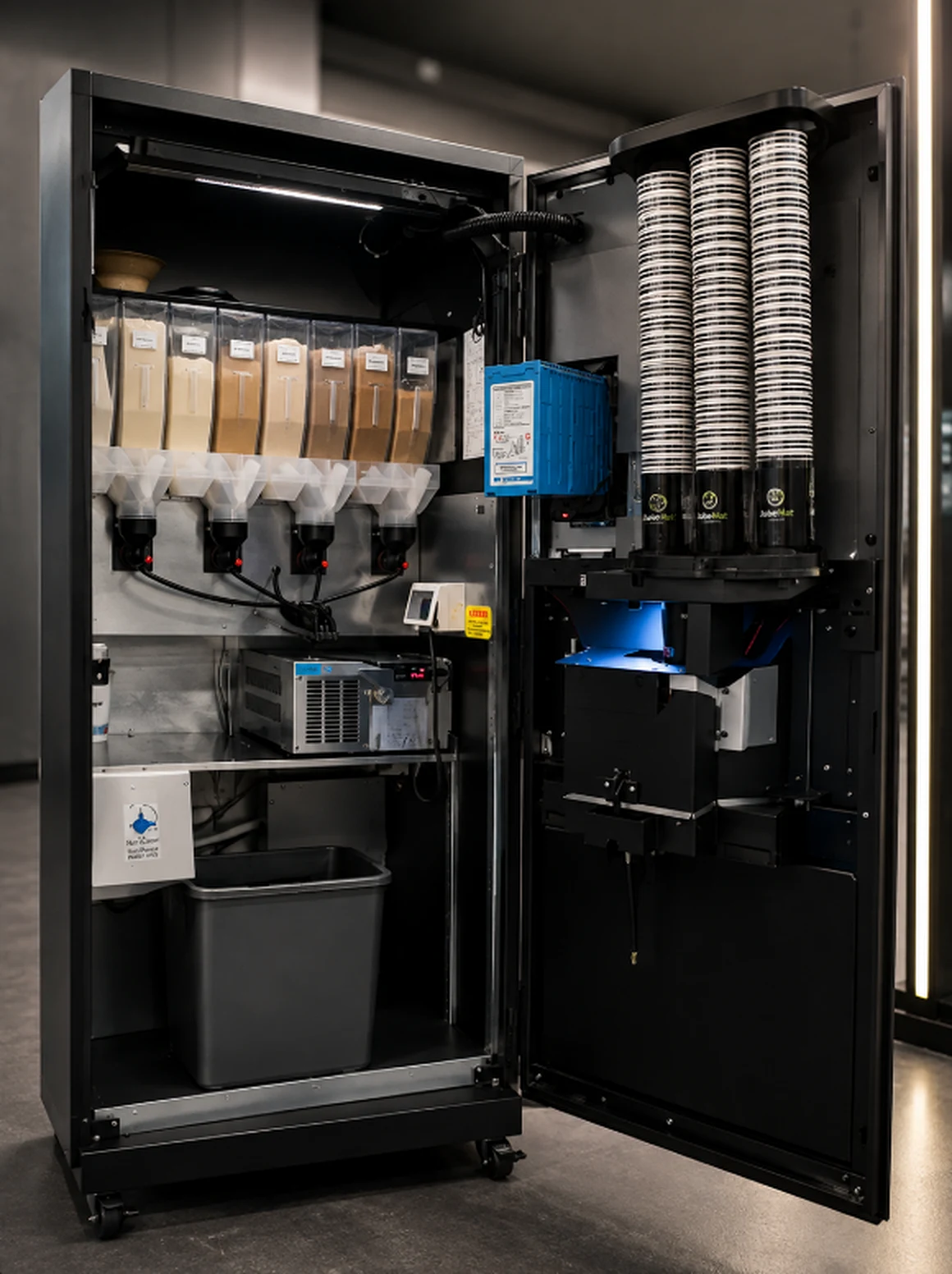 Geöffneter JubelMat-Automat mit Pulverbehältern, Mixern, Wassersystem, Abwasserbehälter und Becherspender